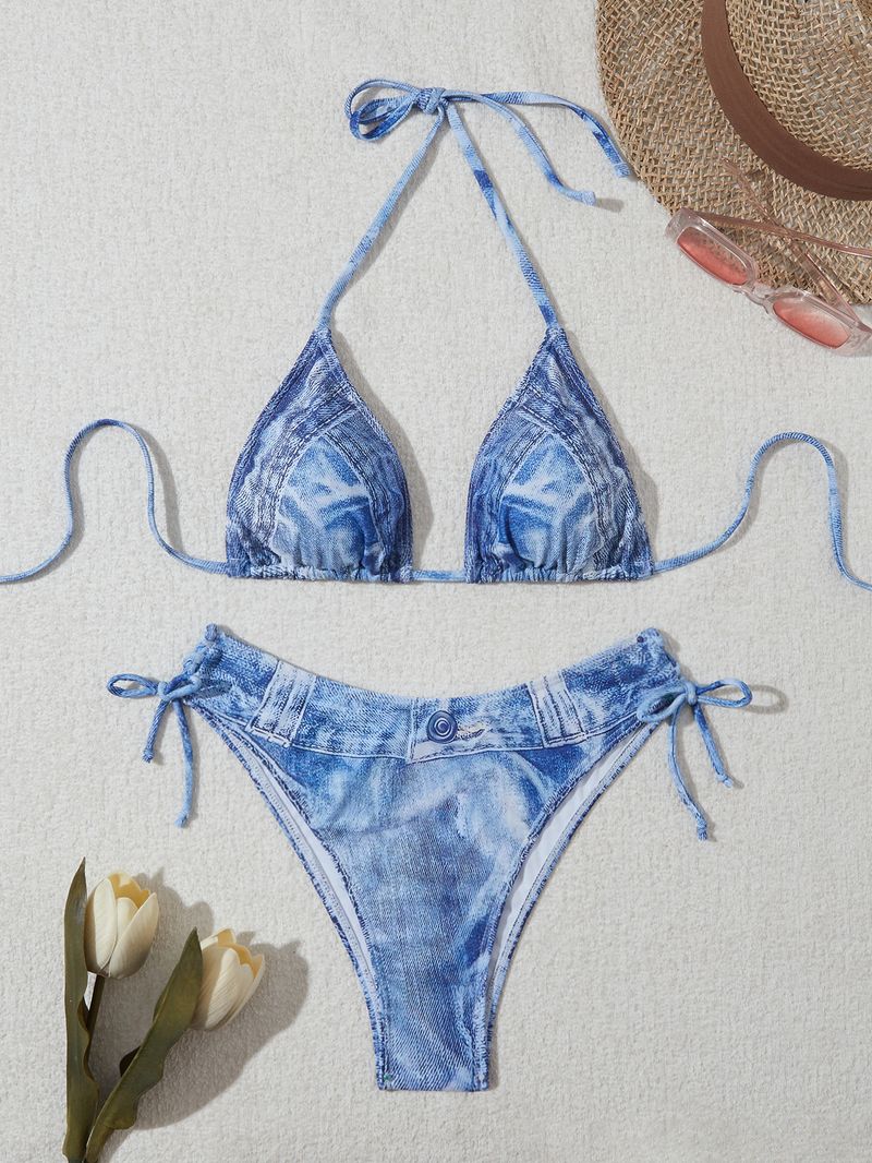 Women's Clothing New Denim Split Swimsuit For Women Highend Bikini Sexy Lace Up Swimsuit_voghion.com