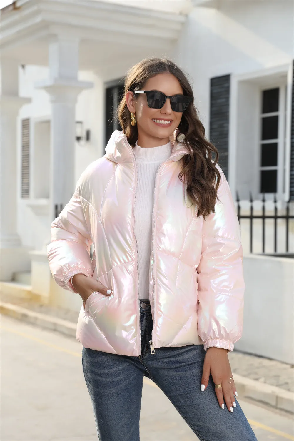 Fashionable bright cotton jacket hooded bread jacket warm cotton jacket_voghion.com