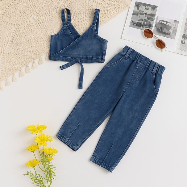 Girls' Denim Outfit Set – Sleeveless Top & Straight Leg Pants, Soft Breathable Summer Clothes For Toddlers (90-120cm, Age 3-8), A-Class Safety_voghion.com
