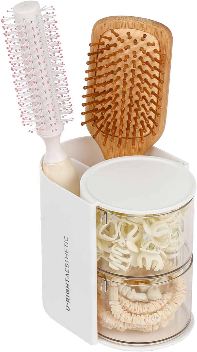 Organizador de acessórios de cabelo transparente de 3 camadas com suporte para escovas de cabelo, caixa de joias pequena giratória para grampos de cabelo, brincos e colares, estojo organizador de mesa_voghion.com