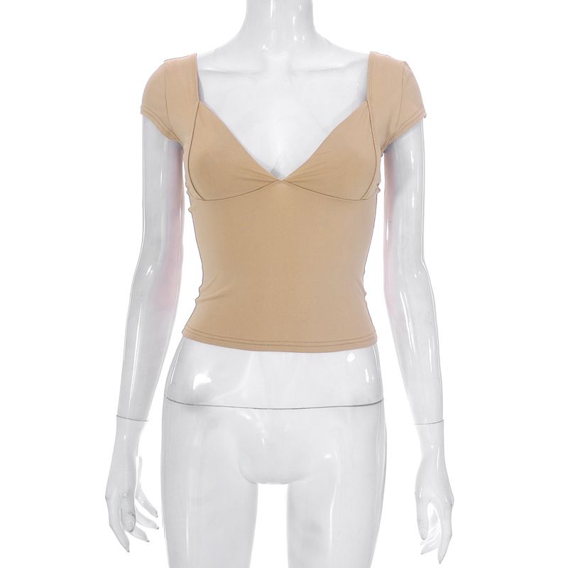 Neue einfarbige, tief ausgeschnittene, kurzärmlige Freizeitoberteile für Damen_voghion.com