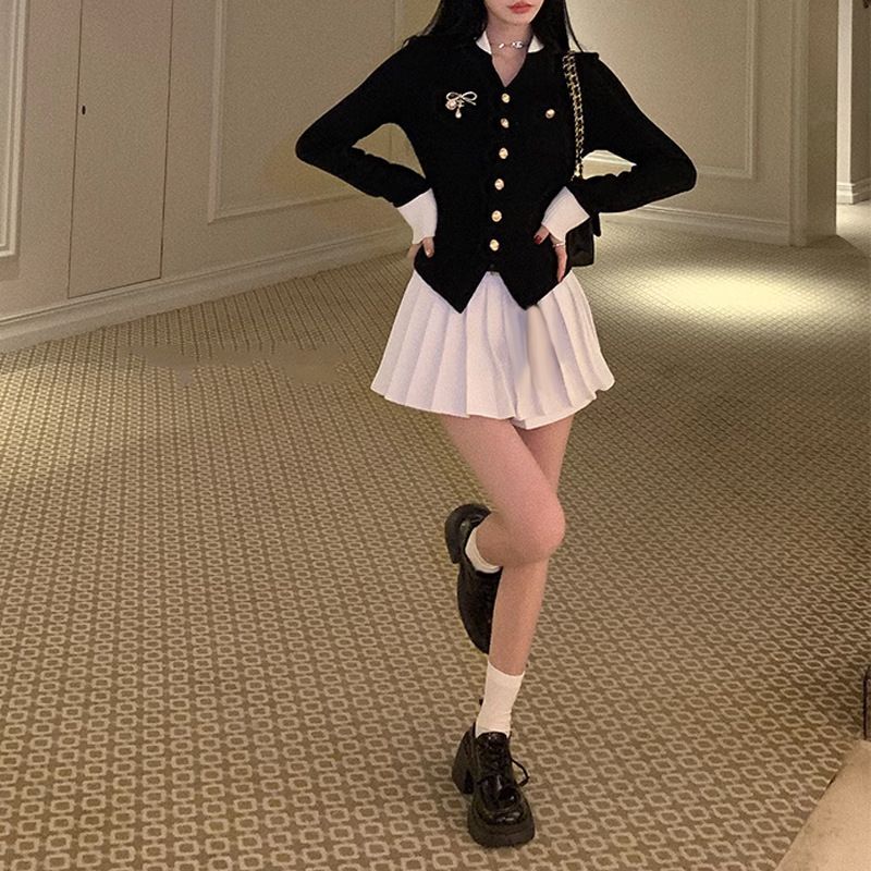 Schwarz Vintage Zwei Stück Set Frauen Japanischen Kurzen Blazer Mantel + mini Rock Anzug Weibliche Casual Koreanische Mode Sexy Kawaii set 2023_voghion.com