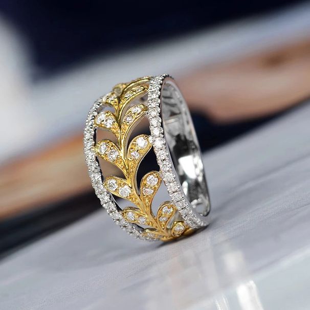 Cao Shi Metallverschlusskante Zweifarbiger Baumblatt-Ring im Pastoralstil mit glänzendem Schmuck und eingelegtem Zirkon_voghion.com