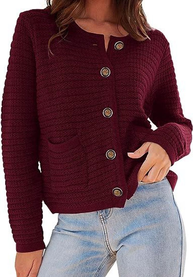 Langärmlige Strickjacke für Damen, Herbstmode, lockere Passform, lässiger Rundhalsausschnitt, vorne offener Pullover für Arbeit und Alltag_voghion.com