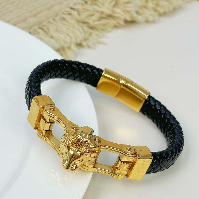 Bracciale in pelle intrecciata con testa di leone creativo, in acciaio inossidabile, con animali, per uomo_voghion.com