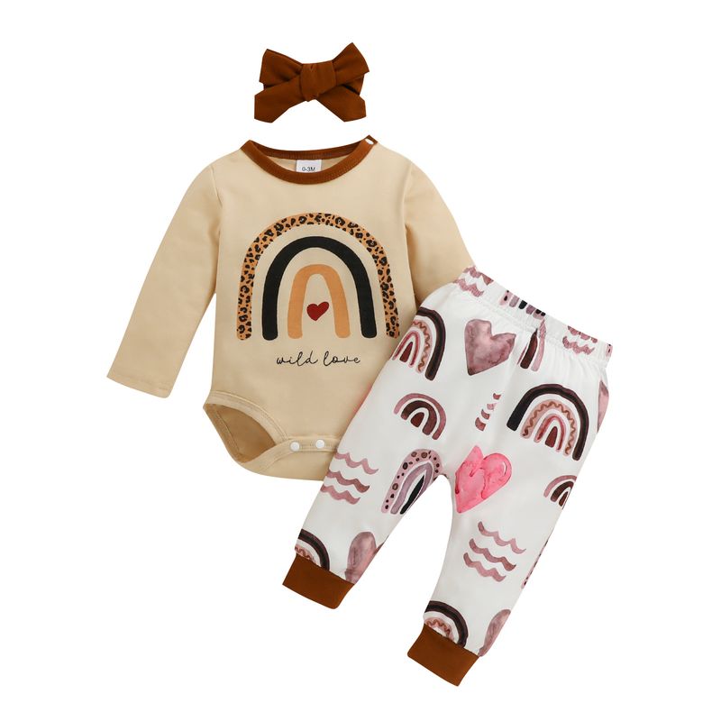 Babies' clothes baby spring and autumn long-sleeved romper trousers headscarf suit baby rainbow leopard top printed trousers_voghion.com
