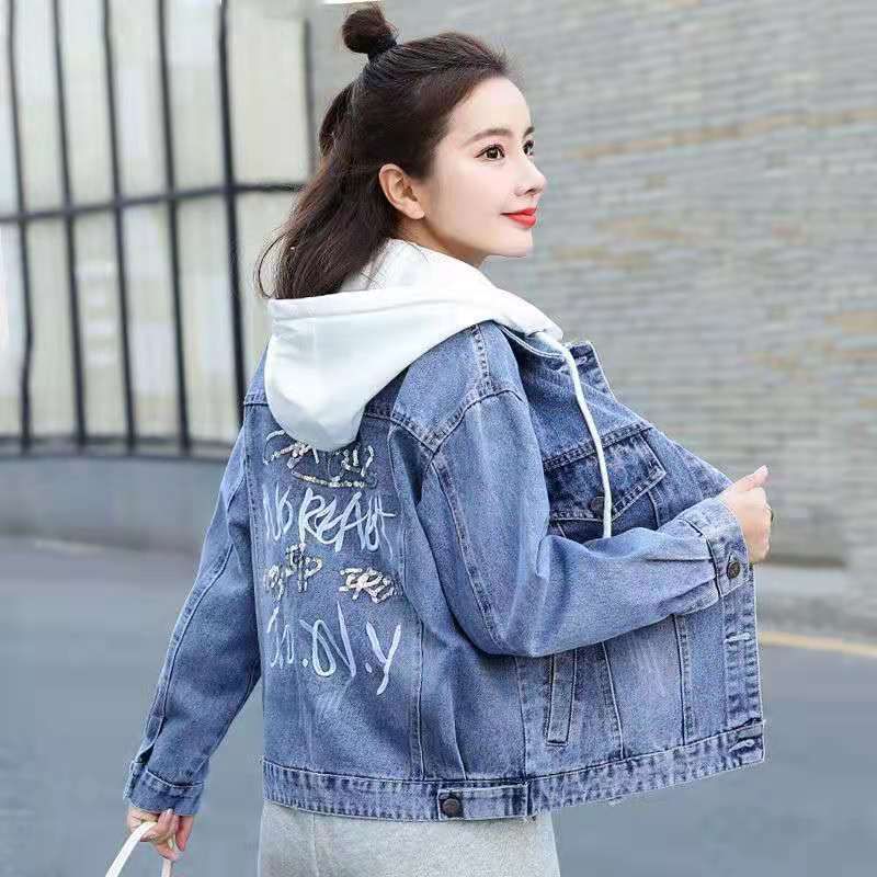 Giacca in denim con cappuccio da donna – Giacca corta slim fit ricamata per primavera e autunno (S-3XL, bianco e indaco)_voghion.com