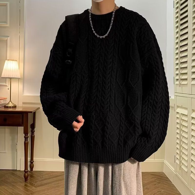 Maglione lavorato a maglia a trecce per ragazzi, invernale, nuovo marchio di moda, stile retrò, stile pigro, scollo rotondo, maglione da uomo, tendenza ampia_voghion.com