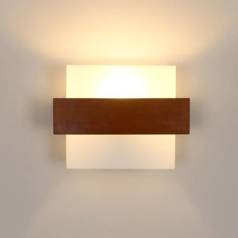 GOECO Wandleuchte im nordischen Design, natürliche Holzfarbe, 22 x 13 x 17 cm, quadratisches Glas, E27, minimalistische Dekoration_voghion.com