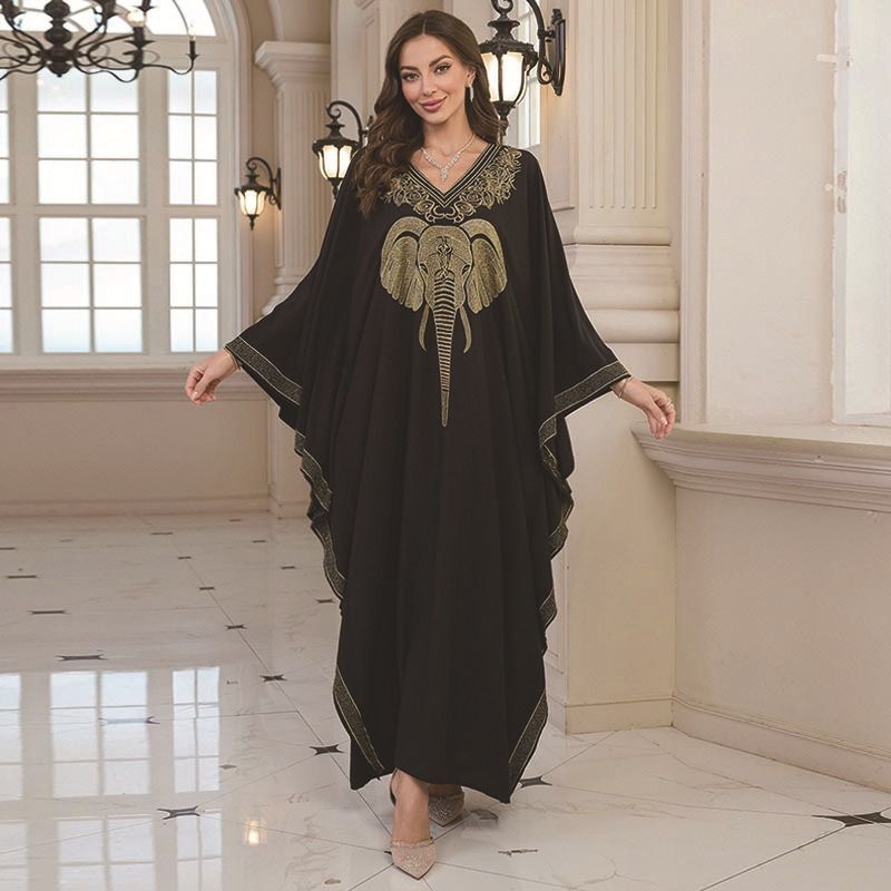 Women's Rayon Beach Kimono – Floral Elephant Embroidery Sun Cover-Up Dress (One Size, Black)​_voghion.com