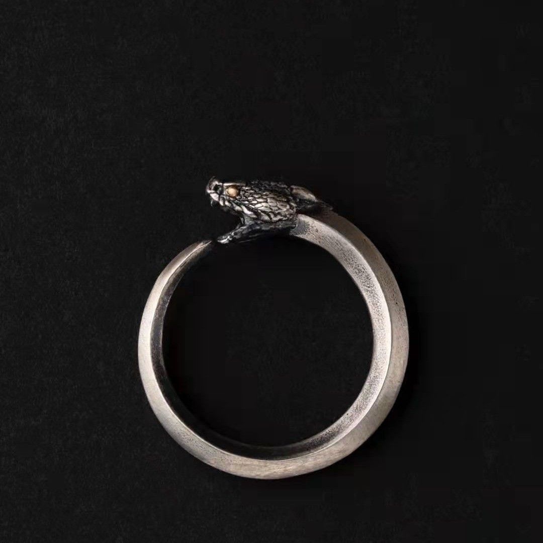 Anello in argento puro con drago e serpente, stile oscuro, con personalità e ciclo di vita._voghion.com
