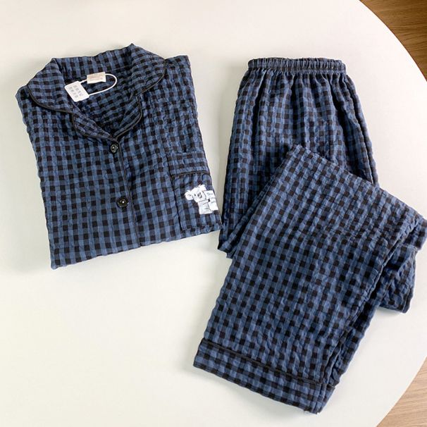 Paar-Nachtwäsche aus reiner Waschbärwolle für Damen im Frühlings- und Herbststil, langärmeliger Zweiteiler 2024, kariert, lässiger Heimanzug_voghion.com