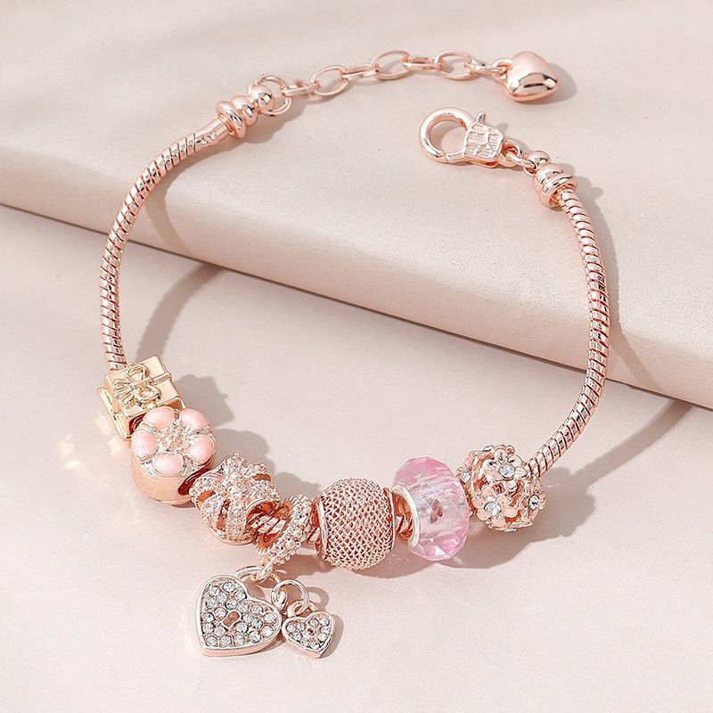 Brățară decorativă pentru femei Pan Family Love, cu diamante strălucitoare, din aur roz, sculptată cu mărgele_voghion.com