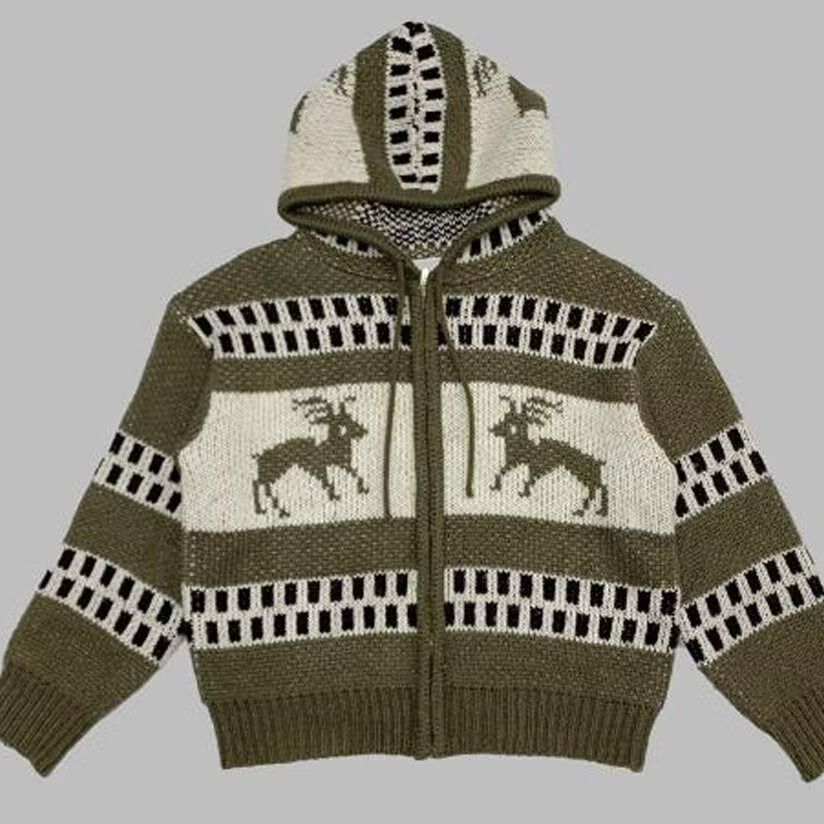 Cardigan in maglia Fair Isle – Pullover oversize ispirato al Fair Isle con cappuccio e maniche lunghe (grigio, beige)_voghion.com