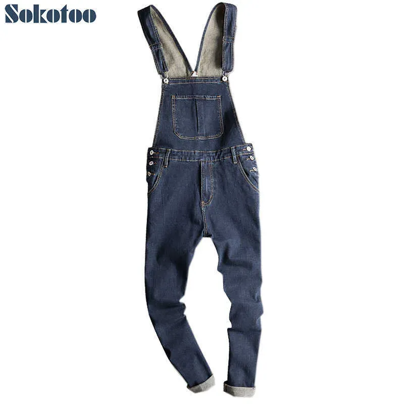 Jeans Sokotoo Men's dark blue denim bib overalls Slim fit jeans Casual pocket cargo pants Suspenders jumpsuits T221102_voghion.com