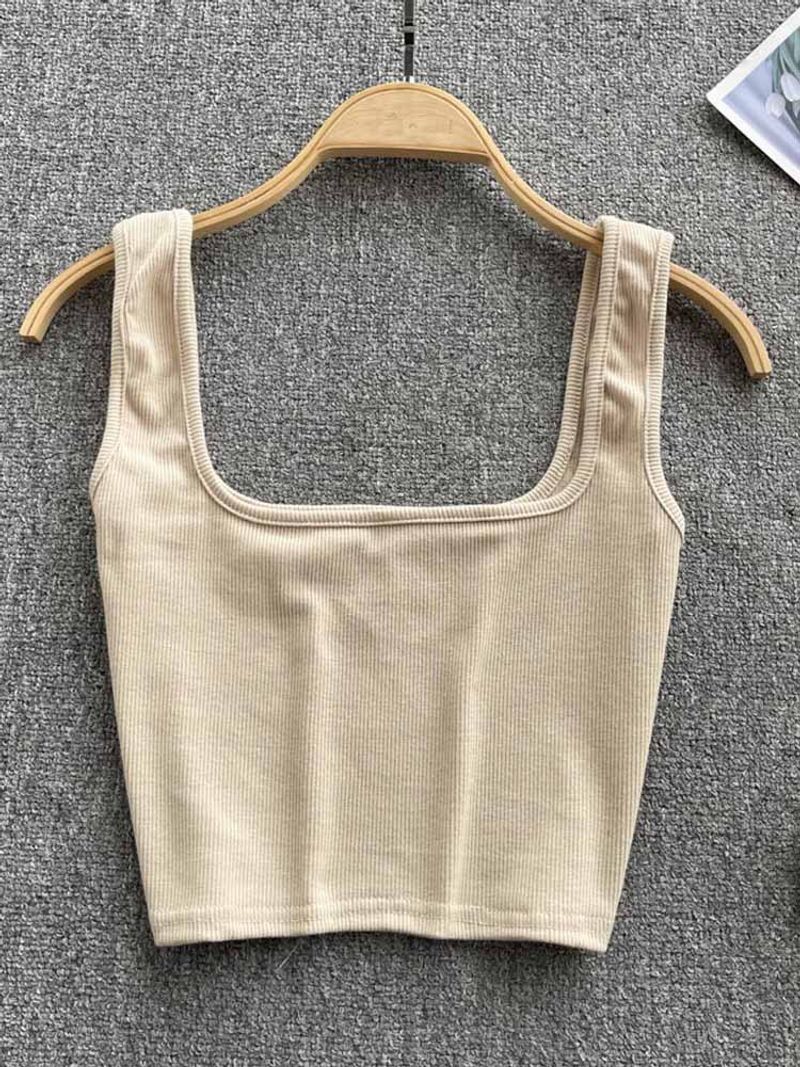 Tank top for women wearing summer short sleeveless shirt with exposed navel, square neck, fashionable and versatile,_voghion.com
