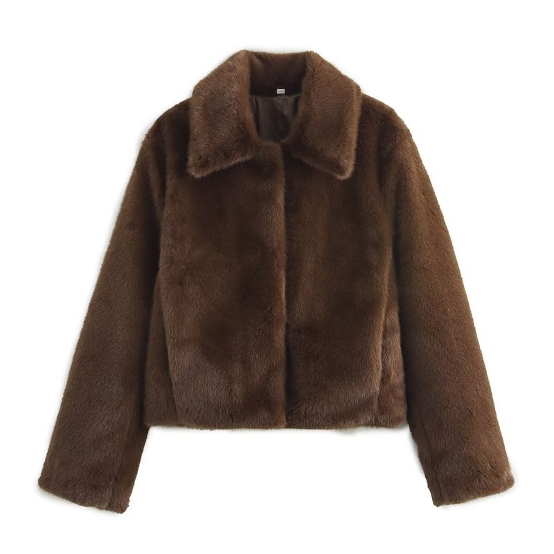 Cappotto invernale da donna con maniche lunghe, dettagli in pelliccia sintetica e bottoni, misto poliestere, capospalla street style, colore marrone intenso_voghion.com