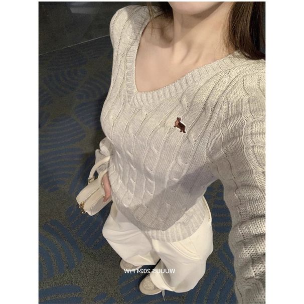 Pull col V brodé teckel pour femme - Pull classique en maille torsadée avec détails ludiques_voghion.com