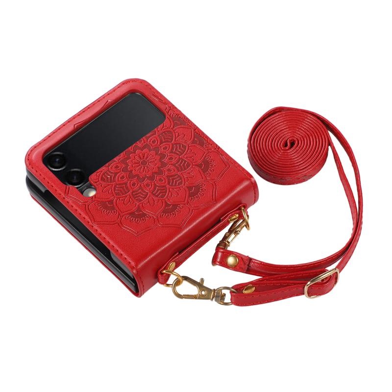 Suitable for Z Flip 3 folding screen mobile phone case Samsung Flip 4 5 mobile phone leather case Messenger embossed protective cover_voghion.com