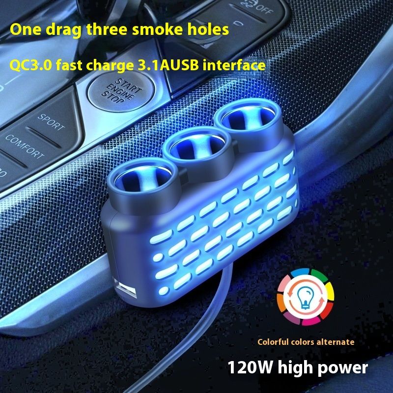 Barvite lučke, nameščen polnilnik za en do tri cigaretne vžigalnike, avtomobilski polnilnik QC3.0+USB+PD vmesnik za hitro polnjenje,_voghion.com