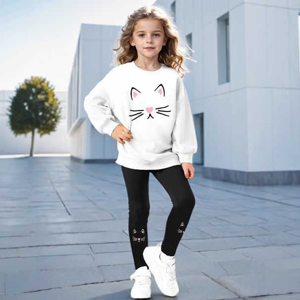 Mutter & Kinder INS Mädchen 2-teiliges Sweatshirt & Katzengesichts-Print Rundhals Langarm-Sweatshirt + Strumpfhose Set_voghion.com