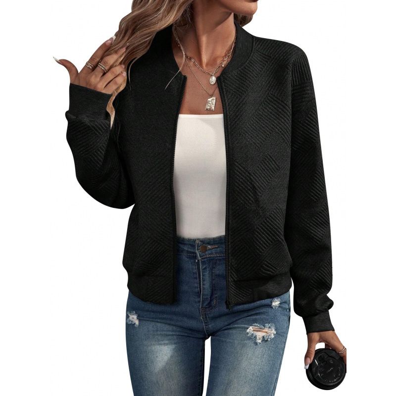 Women’s Zip-Up Bomber Jacket – Geometric Jacquard Polyester Casual Coat, Loose Fit Streetwear Outerwear In 8 Colors (Black/Army Green/Caramel)_voghion.com