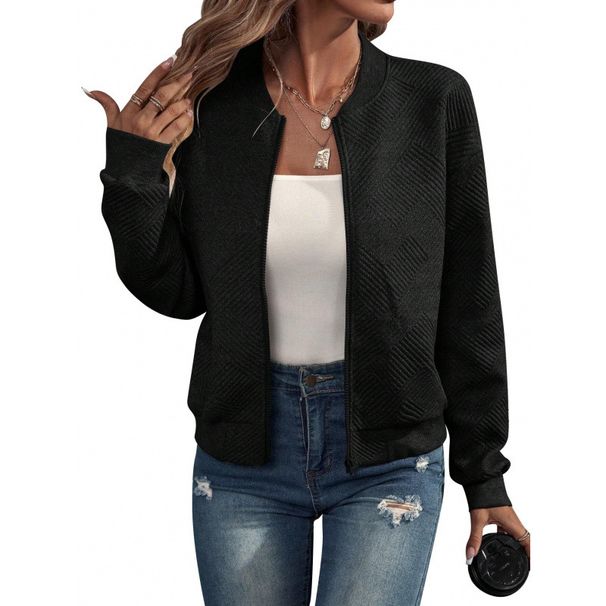 Women’s Zip-Up Bomber Jacket – Geometric Jacquard Polyester Casual Coat, Loose Fit Streetwear Outerwear In 8 Colors (Black/Army Green/Caramel)_voghion.com