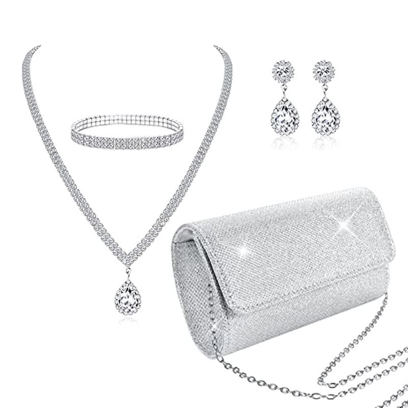 Damentaschen Brautschmuckset, modisches und schlichtes Diamantarmband, Ohrringe, Halskette, Clutch mit PU-Pailletten, Abendtasche, vierteiliges Set_voghion.com
