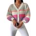 Women's Colorblock Knit Cardigan Rainbow Striped Oversized Sweater With Lantern Sleeves Soft V-Neck Open Front Casual Fall Winter Fashion_voghion.com