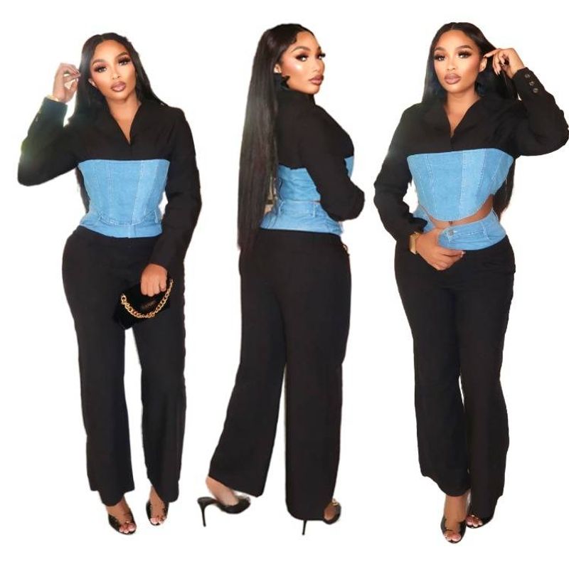 Women's Clothing Denim Patchwork Fashion Casual Contrast Color Pants Suit_voghion.com