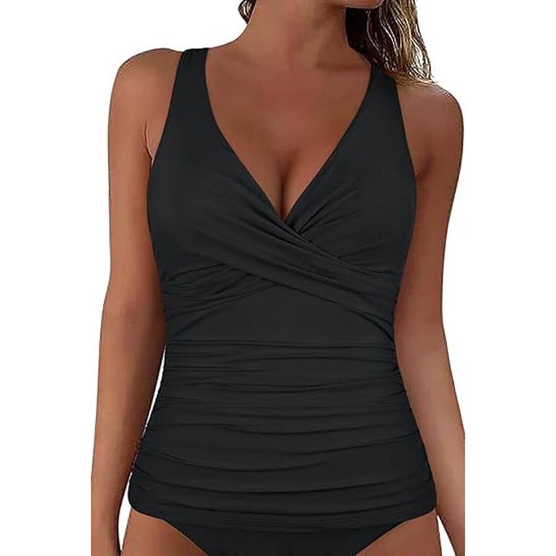 Women's Steel Tankini Top Tummy Control Swimsuit Sexy V Neck Cross Swimwear Only_voghion.com