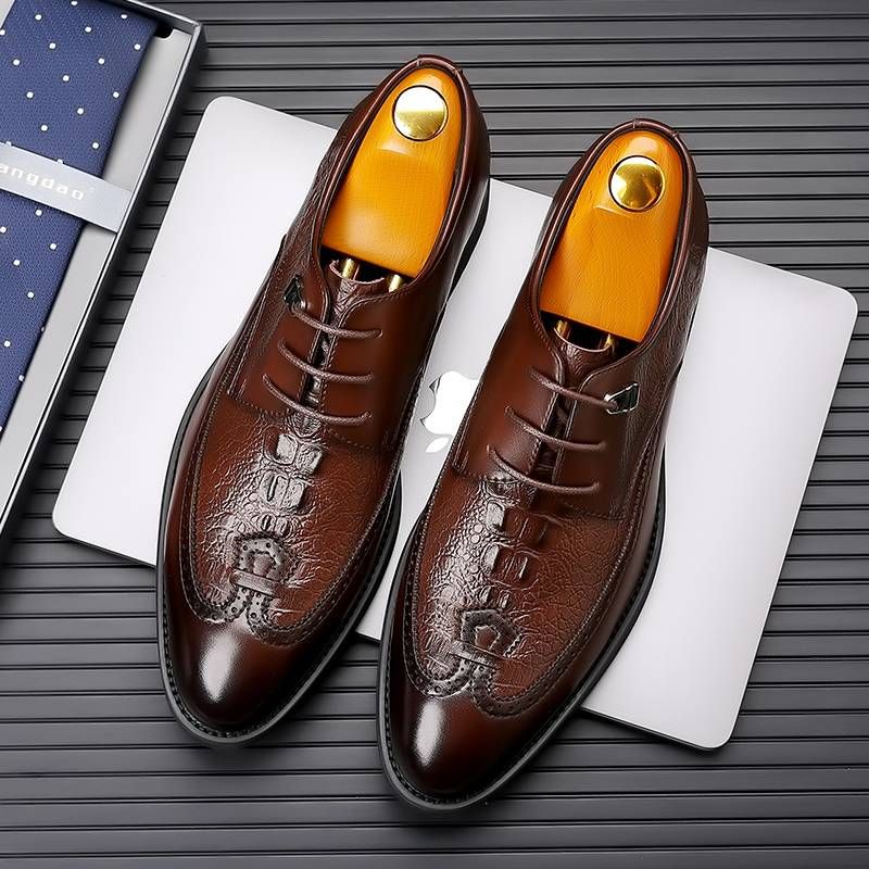New Fashion Business Genuine Leather British Brock Men's Shoes Men's Business Formal Wear Oxford Shoes Lace-up Fashion Black Dress Wedding Derby Shoes_voghion.com