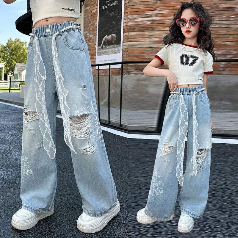Girls' Summer New Fashion Pearl Belt Lace Thin Jeans_voghion.com