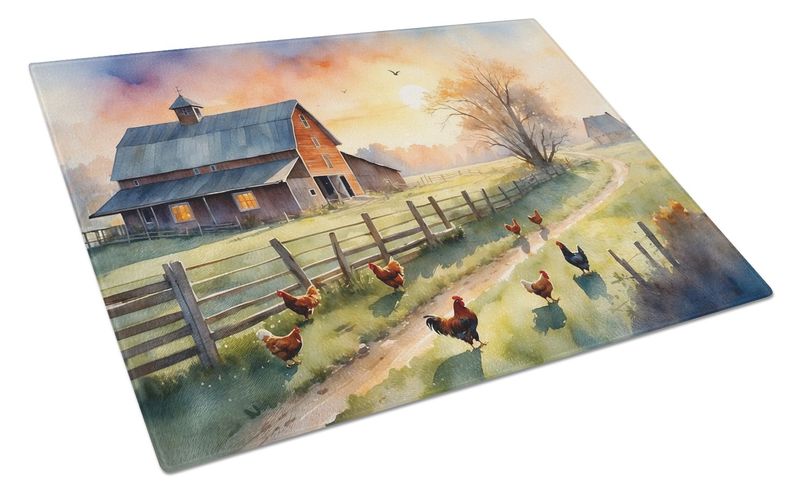 Chicken Farmyard Sunrise Glass Cutting Board Decorative Tempered Glass Kitchen Cutting And Serving Board Large Size Chopping Board_voghion.com