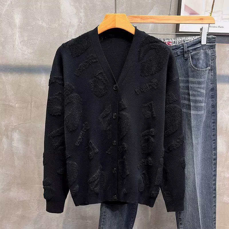 Erkek Giyim Flocking jakarlı marka V yaka örme hırka kazak erkek sonbahar ve kış yeni yüksek kaliteli büyük boy bol ceket_voghion.com