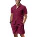 CT New Summer Uomo Maglia a nido d'ape a tinta unita con taschino e pantaloncini a maniche corte Set due pezzi_voghion.com
