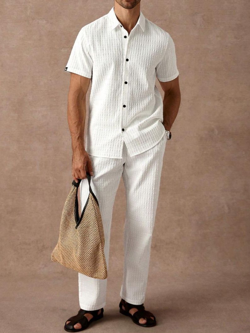 Herren Freizeithemden Herren Sommer Neue einfarbige Revers Atmungsaktive Herrenhosen Anzüge_voghion.com