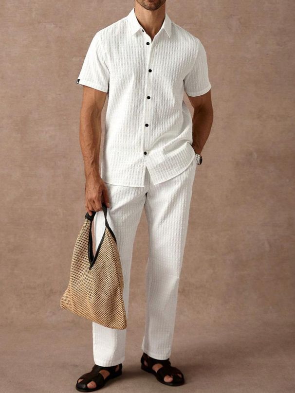 Herren Freizeithemden Herren Sommer Neue einfarbige Revers Atmungsaktive Herrenhosen Anzüge_voghion.com