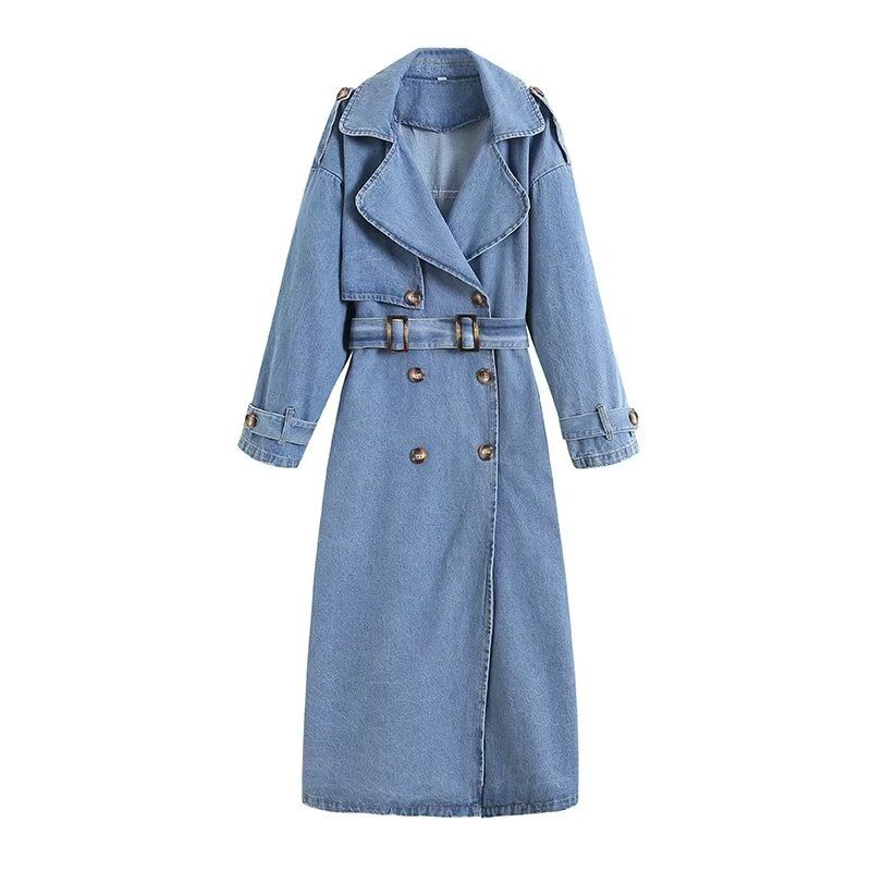 Trench-coat croisé oversize en jean – Blazer décontracté ceinturé pour femme_voghion.com