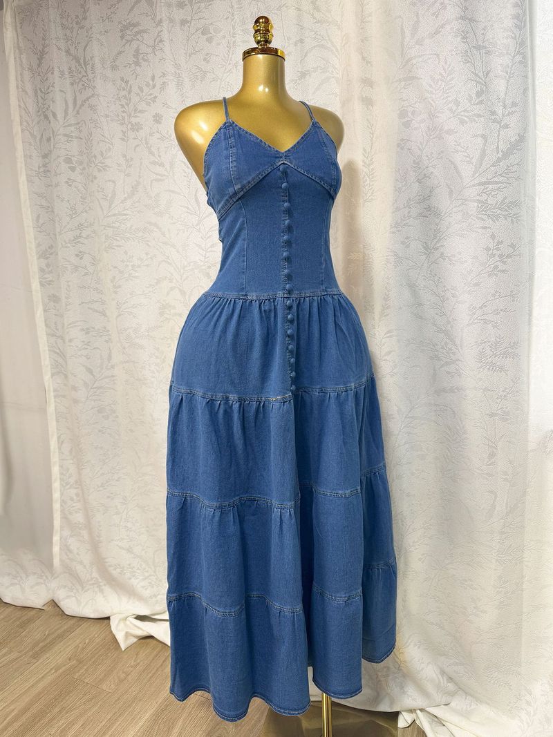 Roupas femininas femininas verão novo sexy moda v pescoço suspensórios alças traseiras vestido jeans bolo saia longa_voghion.com