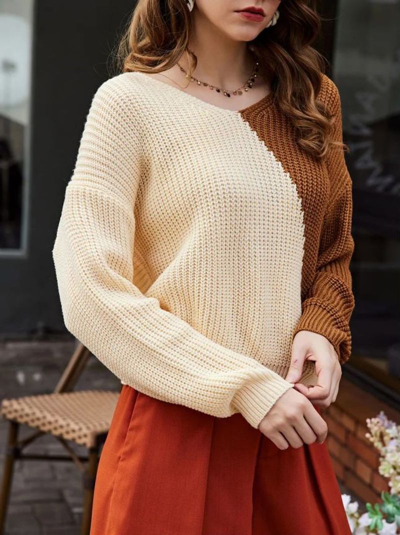 Maglione a V con giunture multicolori a maniche lunghe da donna_voghion.com