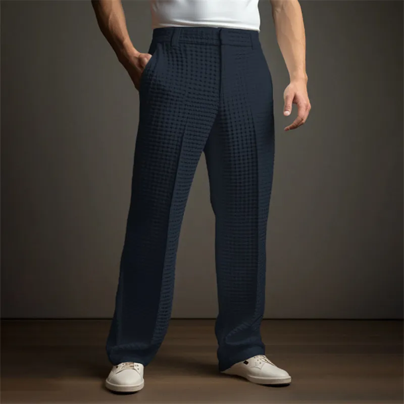 Men's Clothing Men's Formal Business Solid Color Waffle Front Pocket Straight Casual Vacation Fashion Trousers_voghion.com