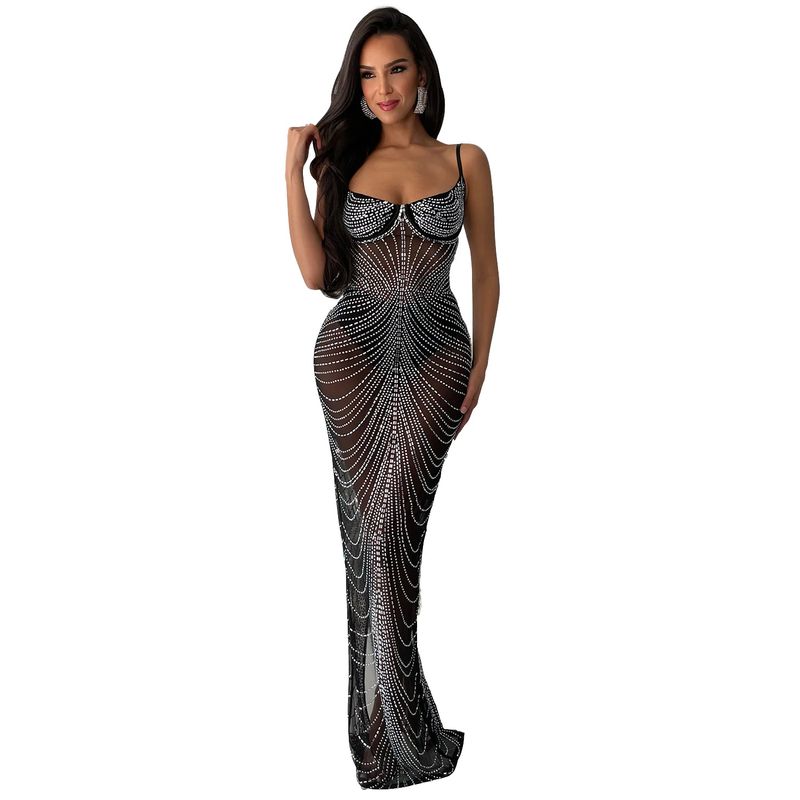 Women's solid color mesh hot diamond suspender long skirt dress_voghion.com