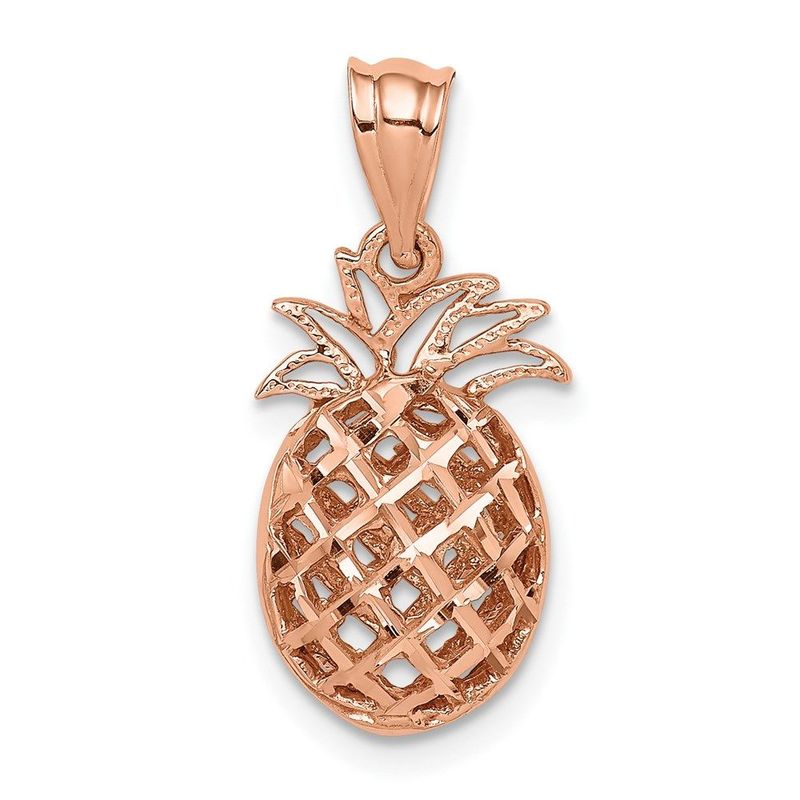 14K Rose Polished & Diamond-cut 3D Pineapple Pendant_voghion.com