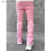 Herren Skinny Fringe Hip-Hop R Edge Elastischer Patch Punk Rock Lange enge Passform Gestapelte Jeans Denim Hose Blau Rosa_voghion.com