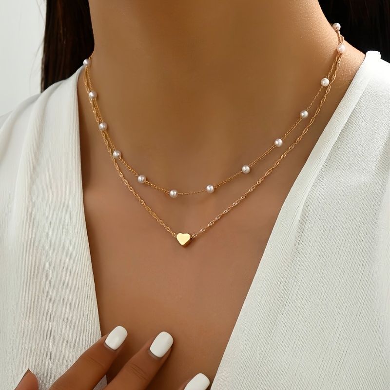 Gargantilla con colgante de perla versátil de corazón para mujer, collar apilable de varias capas._voghion.com