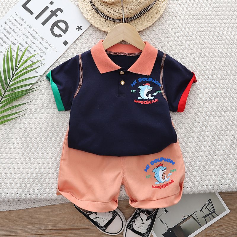 Ropa de verano para bebés de 23 años, nueva y a la moda, conjunto de dos piezas con camisa frontal de dibujos animados de animales para niños_voghion.com