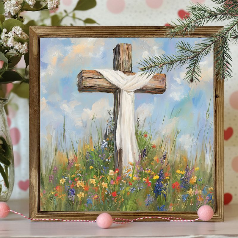 "8x8" Rustikt kors- och blommigt träskylt - Polerad väggkonst för hem, kontor och bibliotek | Inget batteri behövs | Julklapp_voghion.com
