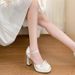 Light Color Bowknot Hollow High Heels Women, Daily Versatile 2025 Summer Closed Toe Chunky Heel Waterproof Platform_voghion.com