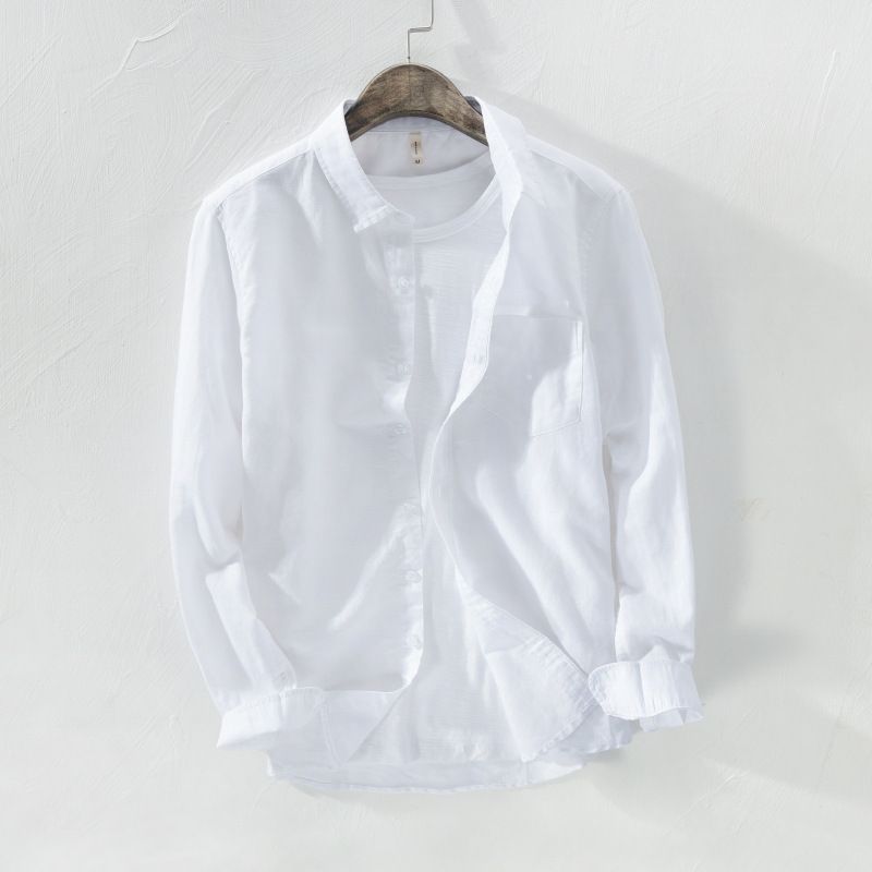 Sommer Dünnes Leinenhemd Herren Business Casual Lose Einfarbig Herren Baumwolle Leinen Langarmhemd Top Weiß_voghion.com